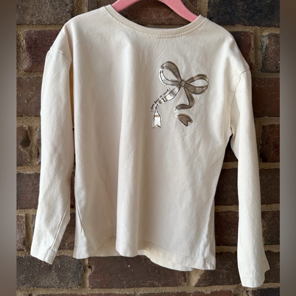 Zara Cream Long Sleeve Kids Tee with Bow Accent